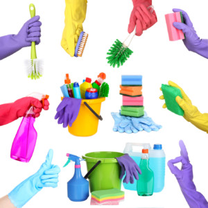 Collage of cleaning equipment in hands
